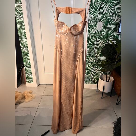 NWT House of CB Bonita Sequin Open Back Gown in Cafe Au Lait Sz Small - Picture 6 of 14